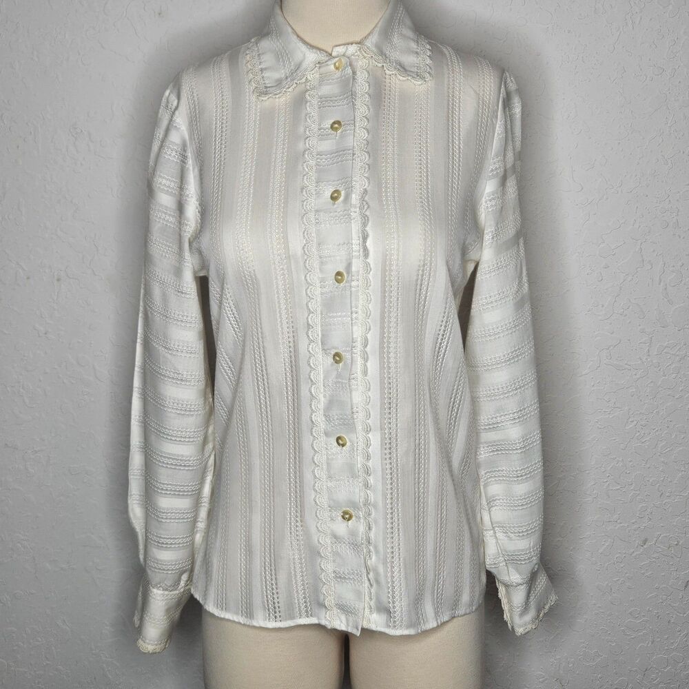 Vintage Dutchmaid Off White Lace‎ Trim Blouse Long Sleeve Pearl Button 70s S M